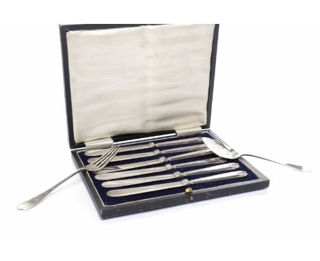 SET OF SIX GEORGE V SILVER HANDLED BUTTER KNIVES
maker Harrison Fisher & Co, Sheffield 1913, in original fitted case; togethe