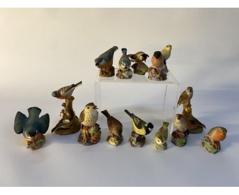 Fourteen Royal Worcester matte bird ornaments, the largest measures 12cm H