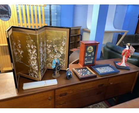 Three framed and glazed nautical knot dioramas, a gilt hand painted folding screen and various other ornaments