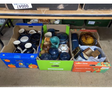 Three boxes of Doulton Lambeth, stoneware dinnerware and amber coloured glass