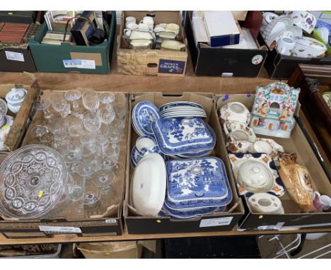 Three boxes of glassware, blue and white Willow patterned dinnerware, Staffordshire and Masons