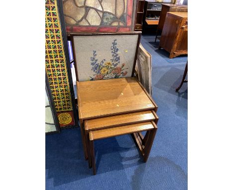 A fire screen and a G Plan teak nest of tables