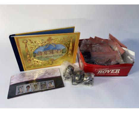 A tray of silver plated salts, bookmark, stamps of commemorative interest and coins