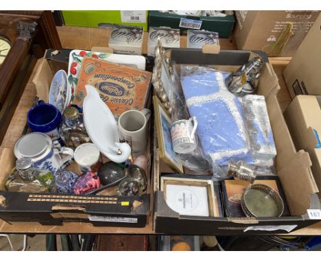 Two boxes of glass paperweights, laced soft goods, prints and tankards