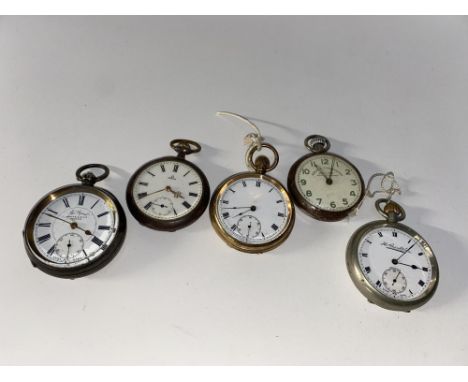 An early 20th century chronograph pocket watch in gold coloured case, plus four other pocket watches, including an Omega pock