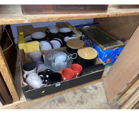 Three boxes of assorted blue and white china and kitchenalia