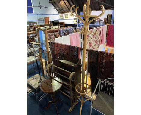 An oak bookcase, coat stand etc