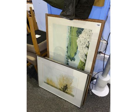 Five coloured prints and aquatints, including artwork by Chris Noble, largest 60cm x 105cm