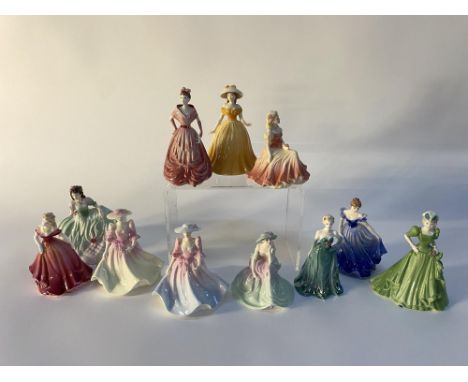 Eleven Coalport porcelain figural ornaments, including 'Ladies of Fashion' and 'Four Seasons'