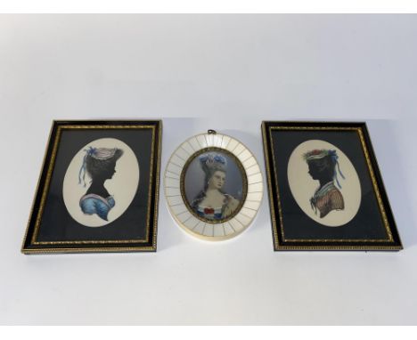 A 19th Century Continental portrait miniature, depicting a fashionable lady, framed and under glass, 10cm x 13cm overall and 