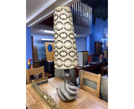 A mid 20th century pottery floor standing lamp with patterned shade, 130cm H