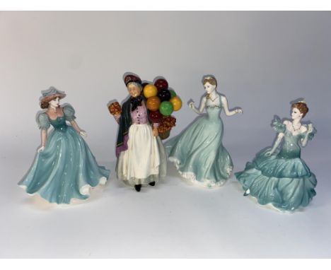 A Royal Doulton 'Biddy Pennyfarthing' figural study and three ornaments depicting ladies by Royal Worcester, the largest meas