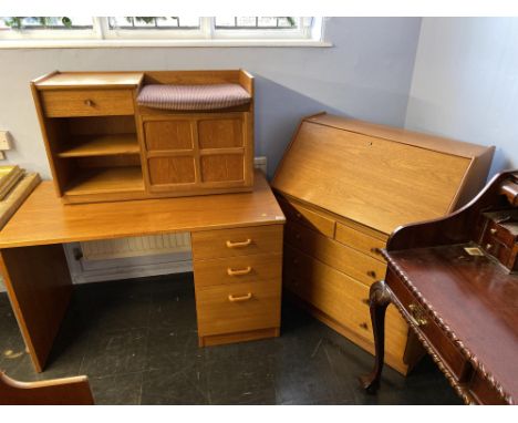 A teak bureau, telephone seat and desk