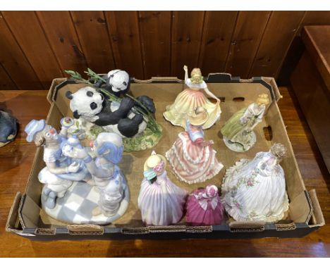 A Lladro porcelain clown figure group, six porcelain figural studies including Royal Worcester and Royal Doulton, plus a Fran