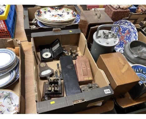 Box of assorted including Telegraph Sounder, boxed microscope, clock and Hilger and Watts