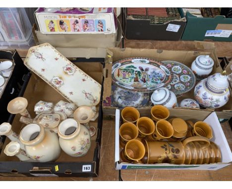 Three boxes of assorted china and porcelain to comprise F. and Sons blush ivory coloured tableware, oriental patterned tablew