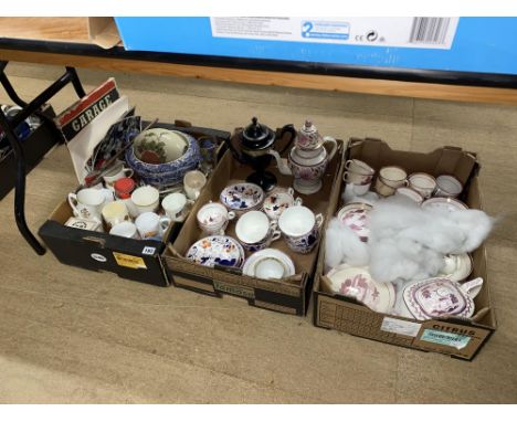 Three boxes of assorted ceramics, including a toleware lidded pot, Gaudy Welsh, commemorative ware and a selection of Sunderl