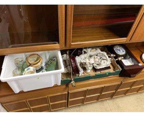 A vintage mahogany cased wall clock and two boxes of assorted ceramics, including a Toby jug and bisque porcelain figural lam