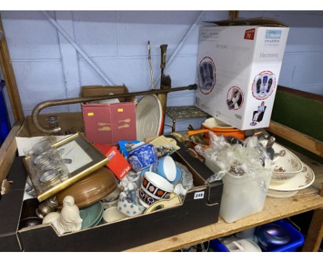 Shelf of assorted, foot massager, brass, silver plate etc