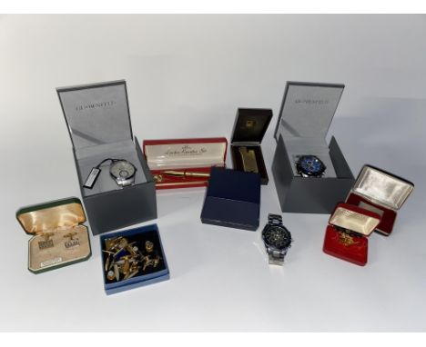 Two boxed Globenfeld gent's sports watches, plus gold plated and vintage jewellery and accessories, including cuff links, pen