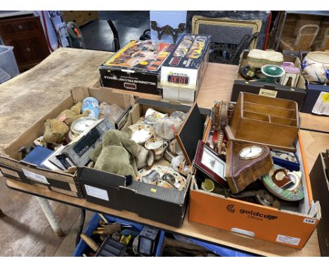 Three boxes of assorted ceramics, including Royal Vale tea ware, an early 20th Century mohair teddy bear, mantel clock, coins