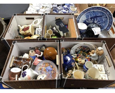 Five boxes of miscellaneous ornaments and tableware, including Hummel style figurines, novelty tea pots, coffee machine and R