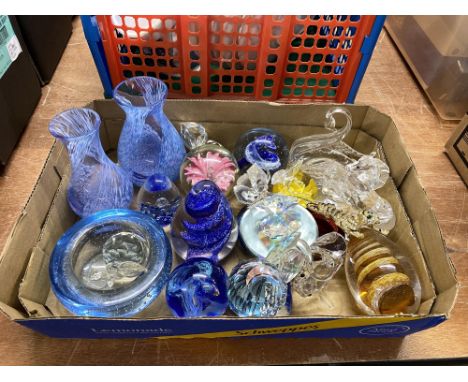 A box of Art Glass paperweights, Caithness glass vases, a Whitefriars controlled bubble pin dish and Swarovski animals