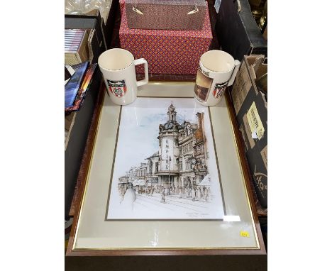 A print of 'The Empire Theatre Sunderland' by D. Henshaw, 1984 and two Sunderland AFC limited edition mugs