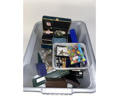 A tray of mainly gold plated jewellery and white metal, including turquoise earrings, bangles, cufflinks and costume jeweller