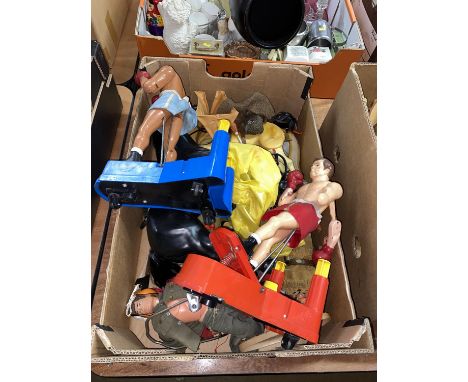 Box of vintage toys, Palitoy Action Man, 1960s Palitoy boxing figures etc