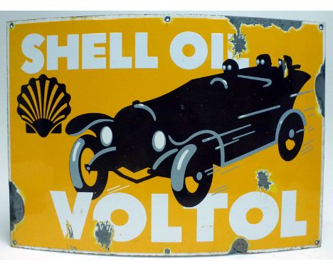 Shell Voltol Pictorial Enamel SignA large enamel advertising sign, featuring a dark red chauffeur driven motorcar, picked out