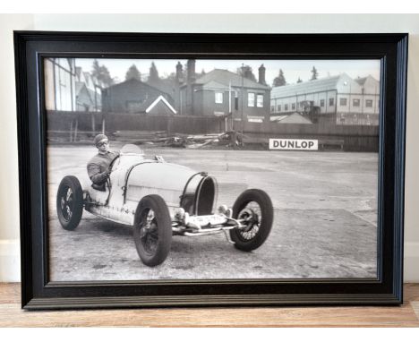Miss Eileen Ellison Corners Her Bugatti at Brooklands'A large format true-photographic monochrome print depicting Miss Eileen