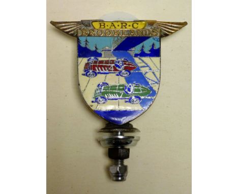 A BARC Brooklands Members' Enamel Car BadgeChrome-plated bronze with 8-colour enamelled design of two racing cars on the Memb