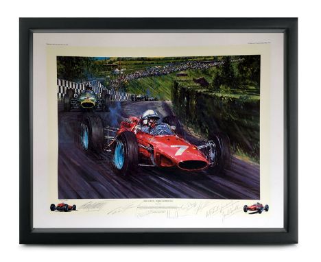 John Surtees, Ferrari 158, by Nicholas Watts (Multi-signed)A fine art print measuring 80x64cm by Nicholas Watts of John Surte