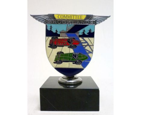 A BARC Brooklands 'Committee' Enamel Car BadgeChrome-plated with 8-colour enamelled design of two racing cars on the Member's