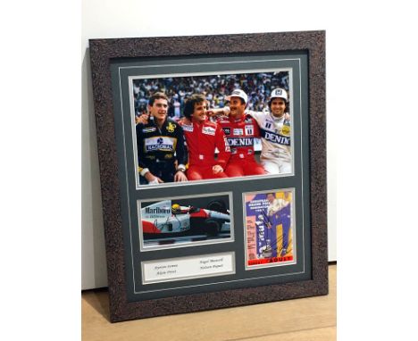 Senna, Prost, Mansell and Piquet Signed PresentationA framed photographic presentation, featuring a large-format photograph o