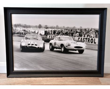 Ferrari 250 GTO vs Jaguar E-type'A large format true-photographic monochrome print depicting Jack Sears and Roger Penske batt