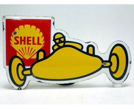 A Shell Enamel SignLarge, single-sided enamel advertising sign, 4-colour, die-cut in the shape of a 1960s racing car, with cl
