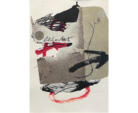 Antoni TAPIES (1923 - 2012). "Arrow"Circa 100 cm x 74 cm. Circa 102 cm x 77 cm mit Rahmen. Farblithographie. Informelle Kompo