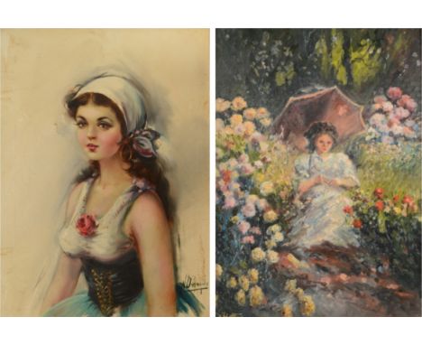 N D'ANGELO Portrait of a young lady Oil on canvas Indistinctly signed 55 x 40cm Together with a second indistinctly signed oi