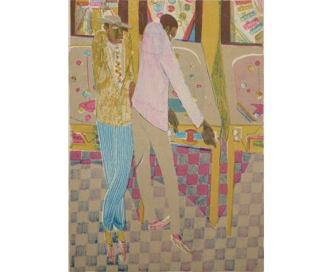 RICHARD PLATTCaribbeans Playing Pin-Ball circa 1950Three colour lithograph Signed and inscribed by the artists widow Diane Pl