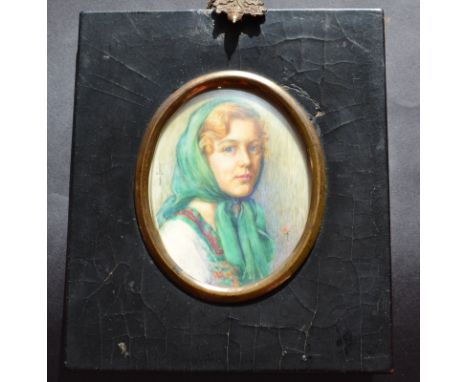 IRIS C MONCRIEFF BELLMiss Mary Lanyon Portrait miniature Initialled and dated 19398 x 6.5cm (oval)   Condition report:  Good 