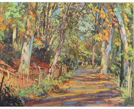 MARTIN DECENT Dappled light on an autumnal path Gouache Signed 36.5 x 47cm Together with a sketch by Ashley Jackson