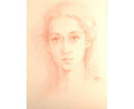 Portrait of a young girl Conte drawing Indistinctly signed 46 x 34cm