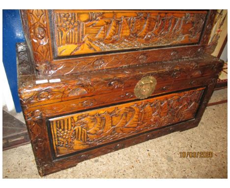 LARGE CAMPHOR WOOD CARVED ORIENTAL TRUNK WITH SHIPPING PANEL FRONT 