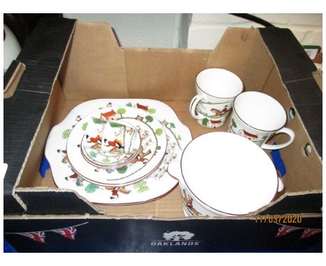 BOX OF CROWN CHINA “HUNTING SCENE” PATTERN PART TEA SET 