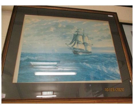 COLOURED PRINT OF A THREE MASTED VESSEL SIGNED IN PENCIL TO MARGIN BY ARTIST 