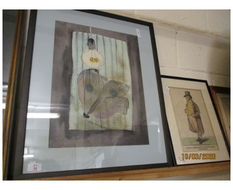 ABSTRACT COLOURED PRINT AND A FURTHER HUMOROUS PRINT “A VIEW FROM BAXTER’S LIVERY STABLES, CAMBRIDGE” 
