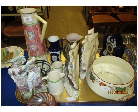 TRAY MAJOLICA JUG, MANTEL CLOCK, EWERS ETC 