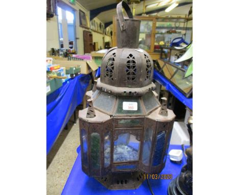 REPRODUCTION METAL HANGING LIGHT SHADE WITH COLOURED GLASS PANELS 